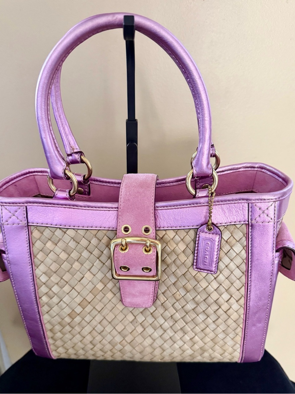 Coach Metallic Pink Leather & Woven Straw Shoulder Bag